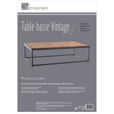 Table basse style industriel en Bois d' Acacia et Métal Noir 115 x 65 x H 32.5 cm