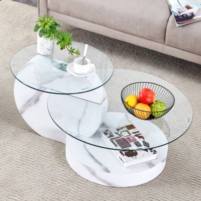 Table Basse - Table d'Appoint 2 Niveau, Plateau en Verre et MDF Effet Marbre, Meuble de Salon - 90x70x44 cm - Transparent Blanc