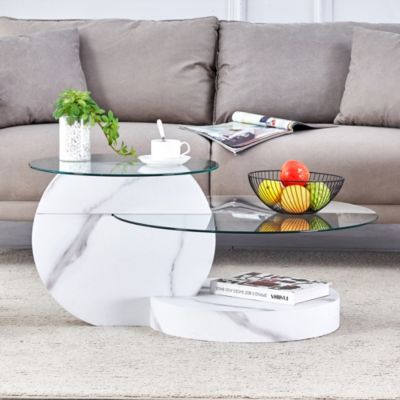 Table Basse - Table d'Appoint 2 Niveau, Plateau en Verre et MDF Effet Marbre, Meuble de Salon - 90x70x44 cm - Transparent Blanc