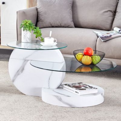 Table Basse - Table d'Appoint 2 Niveau, Plateau en Verre et MDF Effet Marbre, Meuble de Salon - 90x70x44 cm - Transparent Blanc