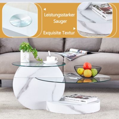 Table Basse - Table d'Appoint 2 Niveau, Plateau en Verre et MDF Effet Marbre, Meuble de Salon - 90x70x44 cm - Transparent Blanc
