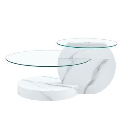 Table Basse - Table d'Appoint 2 Niveau, Plateau en Verre et MDF Effet Marbre, Meuble de Salon - 90x70x44 cm - Transparent Blanc