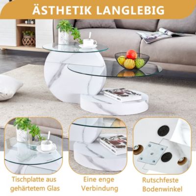 Table Basse - Table d'Appoint 2 Niveau, Plateau en Verre et MDF Effet Marbre, Meuble de Salon - 90x70x44 cm - Transparent Blanc
