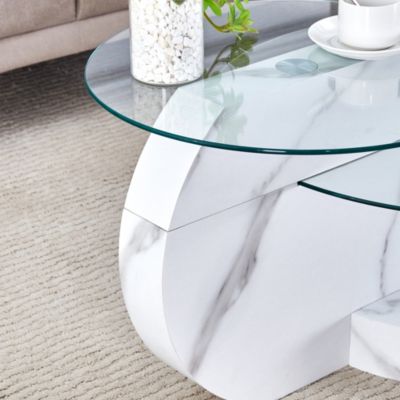 Table Basse - Table d'Appoint 2 Niveau, Plateau en Verre et MDF Effet Marbre, Meuble de Salon - 90x70x44 cm - Transparent Blanc