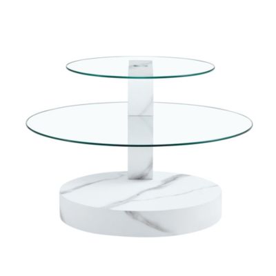 Table Basse - Table d'Appoint 2 Niveau, Plateau en Verre et MDF Effet Marbre, Meuble de Salon - 90x70x44 cm - Transparent Blanc