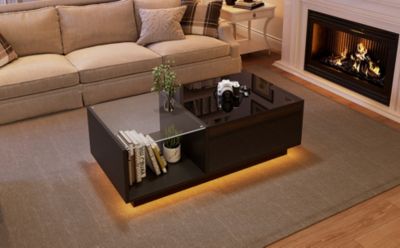 Table Basse - Table de Salon avec Éclairage LED et Rangement Caché, Plateau Réglable en Hauteur, MDF Noir, 100x50x33 cm