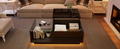 Table Basse - Table de Salon avec Éclairage LED et Rangement Caché, Plateau Réglable en Hauteur, MDF Noir, 100x50x33 cm
