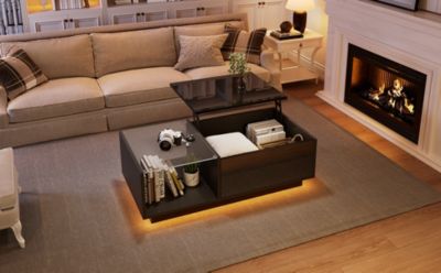 Table Basse - Table de Salon avec Éclairage LED et Rangement Caché, Plateau Réglable en Hauteur, MDF Noir, 100x50x33 cm