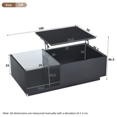 Table Basse - Table de Salon avec Éclairage LED et Rangement Caché, Plateau Réglable en Hauteur, MDF Noir, 100x50x33 cm
