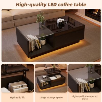 Table Basse - Table de Salon avec Éclairage LED et Rangement Caché, Plateau Réglable en Hauteur, MDF Noir, 100x50x33 cm