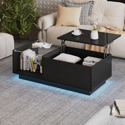 Table Basse - Table de Salon avec Éclairage LED et Rangement Caché, Plateau Réglable en Hauteur, MDF Noir, 100x50x33 cm