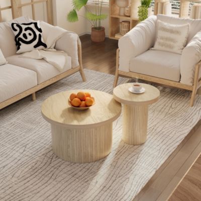 Table basse, table ronde double, table d'appoint avec lattes en bois naturel, table de salon multifonctionnelle