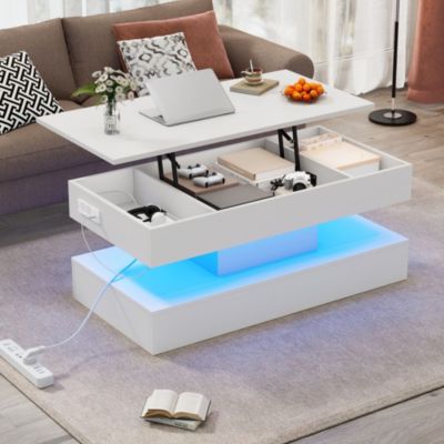 Table Basse - Tables de Salon avec Rangement Caché et LED, Système Hydraulique, Panneau de Particules, Blanc, 100x50x42 cm