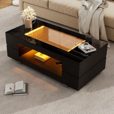 Table Basse, Tables de Salon design Moderne avec LED et Bluetooth - Double Niveau, MDF et Verre Trempé, Noir, 100x50x35 cm