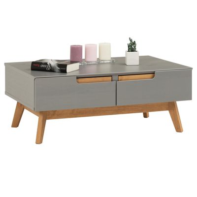 Table basse TIBOR, 2 tiroirs et 2 niches, lasuré gris