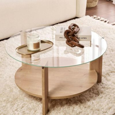 Table basse verre double plateau effet chêne SALTA