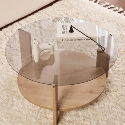 Table basse verre fumé double plateau effet chêne SALTA