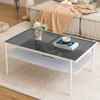 Table basse verre trempé rectangulaire 97cm gris et blanc