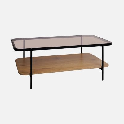Table basse vintage en métal noir avec 2 plateaux (verre et décor bois). bords arrondis