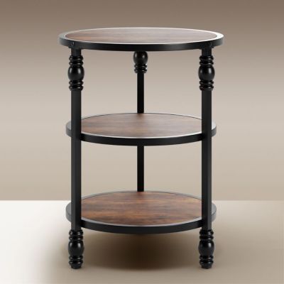 Table Basse - Vintage - Ronde - 3 Étagères - Bois Massif - Marron