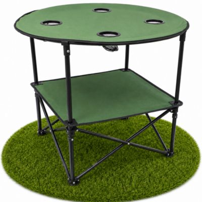 Table camping pliante en tissu verte et noire 4 personnes avec porte verres et etagere