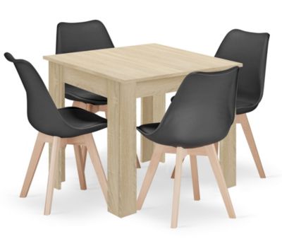 Table carrée VALORA avec 4 chaises RIXK noires - Chêne Sonoma x4