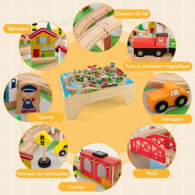 Table Circuit de Train Enfant en Bois 84Pcs Train Bois Jouet avec ...