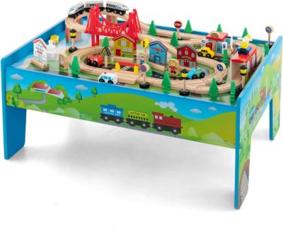 Table Circuit de Train Enfant Rail de Train Bois 80 Pcs avec Rails Jouet Activités pour Garçons Acessoire Complets Vert