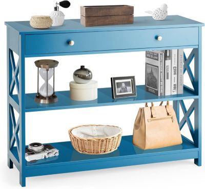Table Console 3 Niveaux Design et Moderne, Table d'appoint avec 2 étagère et Tiroirs 2 Croix (Tiroir, Bleu)