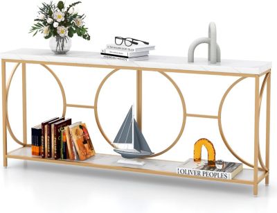 Table Console Aspect en Faux Marbre,Console Meuble,2 Niveaux,Cadre Géométrique,Pieds Réglables,Meuble Entree