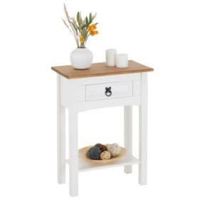 Table console CAMPO table d'appoint en bois style mexicain avec 1 tiroir et 1 étagère, en pin massif lasuré blanc et brun
