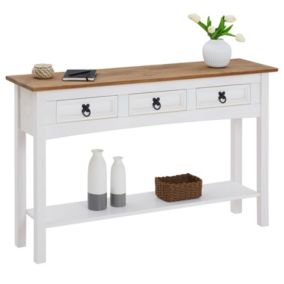 Table console CAMPO table d'appoint en pin massif blanc et brun avec 3 tiroirs et 1 étagère, meuble d'entrée en bois