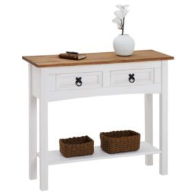 Table console CAMPO table d'appoint rectangulaire en pin massif blanc et brun avec 2 tiroirs et 1 étagère, meuble d'entrée en bois