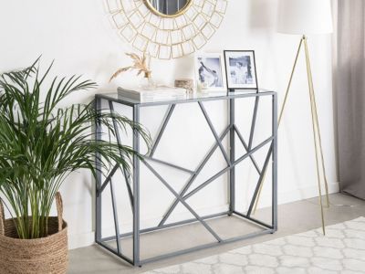 Table console en structure argentée et plateau en verre ORLAND