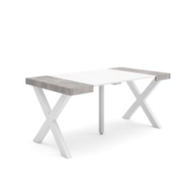 Table console extensible, 160, pour 8 personnes, 160x90x77cm, Pieds bois massif, couleur Blanc et ciment