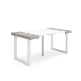 Table console extensible, 160, pour 8 personnes, 160x90x77cm, Pieds bois massif, couleur Blanc et ciment