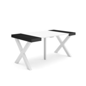 Table console extensible, 160, pour 8 personnes, 160x90x77cm, Pieds bois massif, couleur Blanc et noir