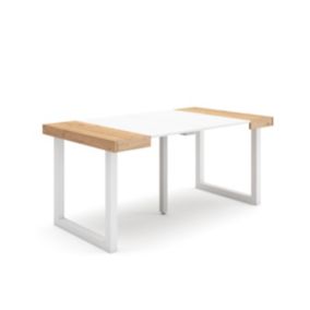 Table console extensible, 160, pour 8 personnes, 160x90x77cm, Pieds bois massif, couleur Chêne et blanc