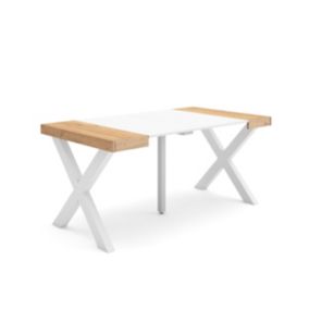 Table console extensible, 160, pour 8 personnes, 160x90x77cm, Pieds bois massif, couleur Chêne et blanc