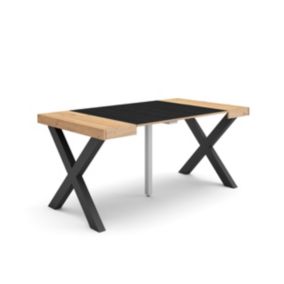 Table console extensible, 160, pour 8 personnes, 160x90x77cm, Pieds bois massif, couleur Chêne et noir