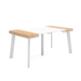 Table console extensible, 160, pour 8 personnes, 160x90x77cm, Pieds en bois, couleur Chêne et blanc