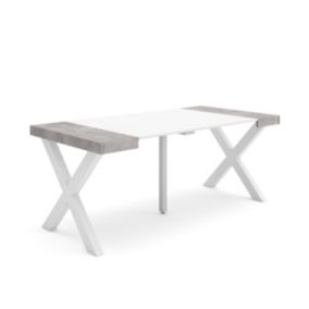 Table console extensible, 180, pour 8 personnes, 180x90x77cm, Pieds bois massif, couleur Blanc et ciment