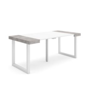 Table console extensible, 180, pour 8 personnes, 180x90x77cm, Pieds bois massif, couleur Blanc et ciment