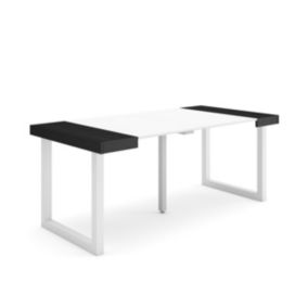 Table console extensible, 180, pour 8 personnes, 180x90x77cm, Pieds bois massif, couleur Blanc et noir