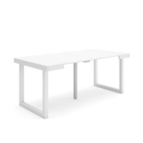 Table console extensible, 180, pour 8 personnes, 180x90x77cm, Pieds bois massif, couleur Blanc