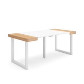 Table console extensible, 180, pour 8 personnes, 180x90x77cm, Pieds bois massif, couleur Chêne et blanc