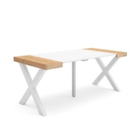 Table console extensible, 180, pour 8 personnes, 180x90x77cm, Pieds bois massif, couleur Chêne et blanc