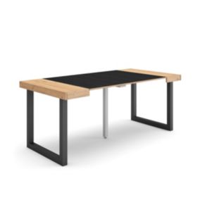 Table console extensible, 180, pour 8 personnes, 180x90x77cm, Pieds bois massif, couleur Chêne et noir