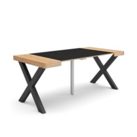 Table console extensible, 180, pour 8 personnes, 180x90x77cm, Pieds bois massif, couleur Chêne et noir