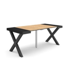 Table console extensible, 180, pour 8 personnes, 180x90x77cm, Pieds bois massif, couleur Noir et chêne